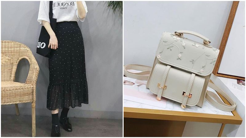 Balo với áo thun kẻ sọc và chân váy midi
