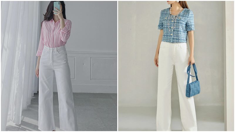 Áo denim + Quần suông trắng