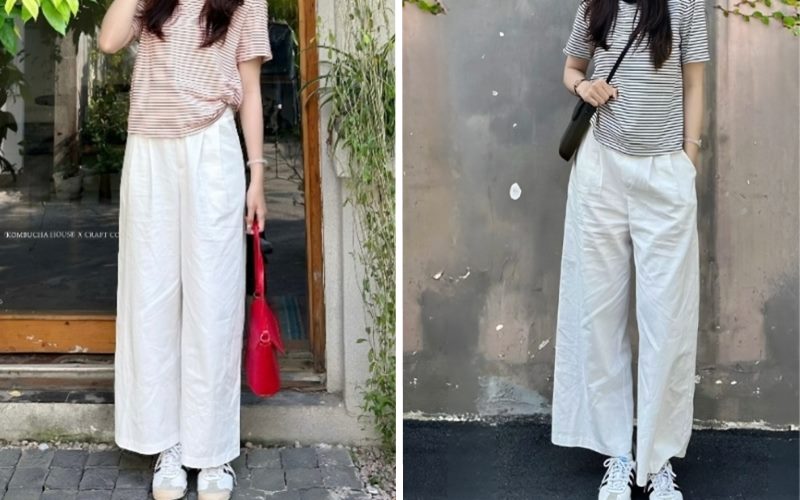Áo thun kẻ sọc + Quần suông trắng