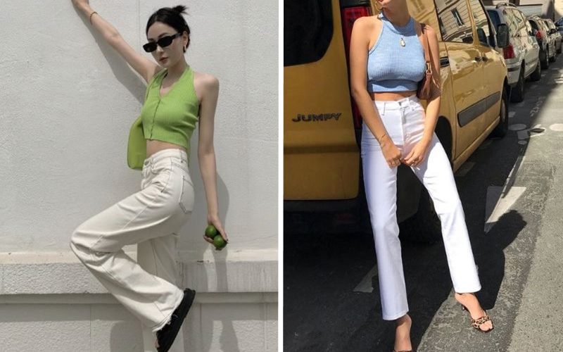 Áo croptop + Quần suông trắng