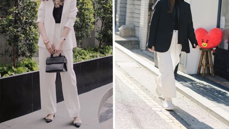 Áo blazer + Quần suông trắng