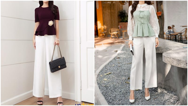 Áo dáng peplum + Quần suông trắng