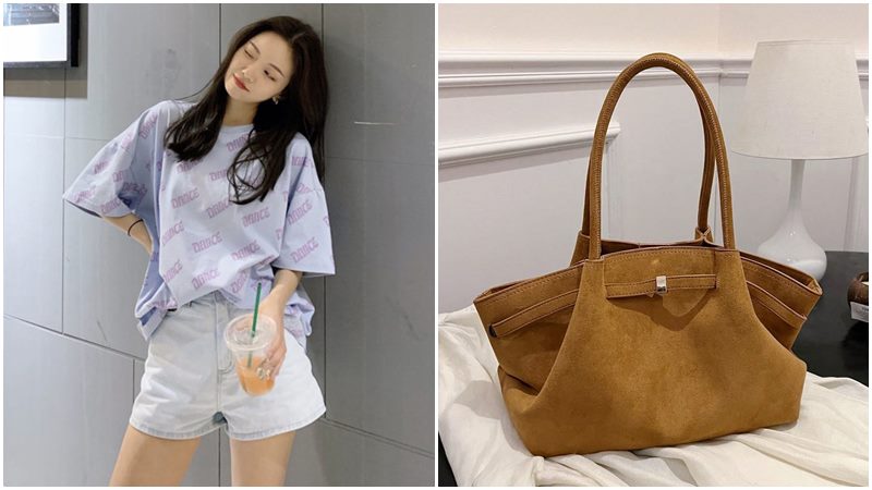 Túi da nâu nhạt + Áo phông và quần shorts Túi da nâu nhạt + Áo phông và quần shorts