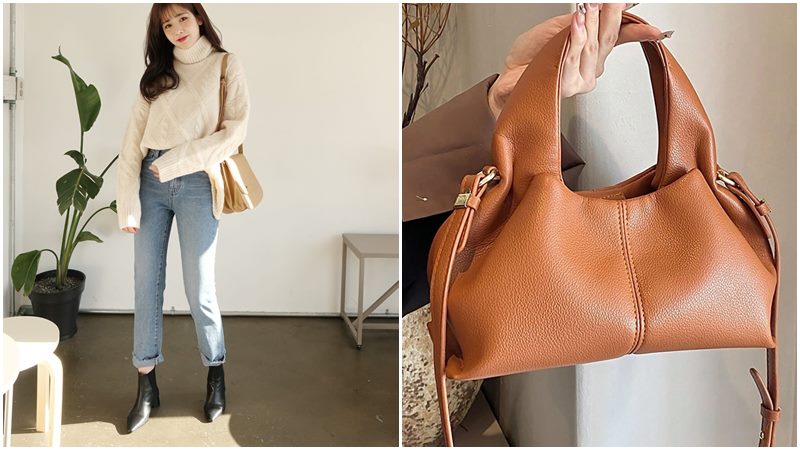 Túi da nâu + Áo len màu be và quần jeans Túi da nâu + Áo len màu be và quần jeans