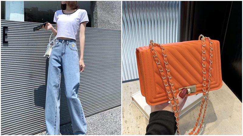 Túi da cam + Áo crop top và quần jeans Túi da cam + Áo crop top và quần jeans