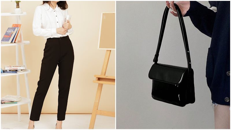 Túi da đen + Áo sơ mi trắng và quần tây đen Túi da đen + Áo sơ mi trắng và quần tây đen