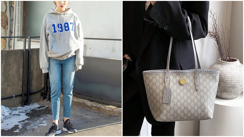 Túi da xám + Áo hoodie và quần jeans xanh Túi da xám + Áo hoodie và quần jeans xanh