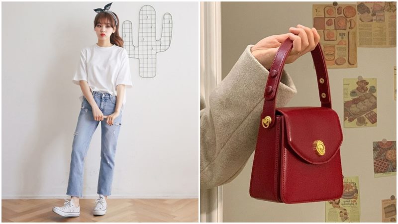 Túi da đỏ + Áo thun trắng và quần jeans xanh Túi da đỏ + Áo thun trắng và quần jeans xanh