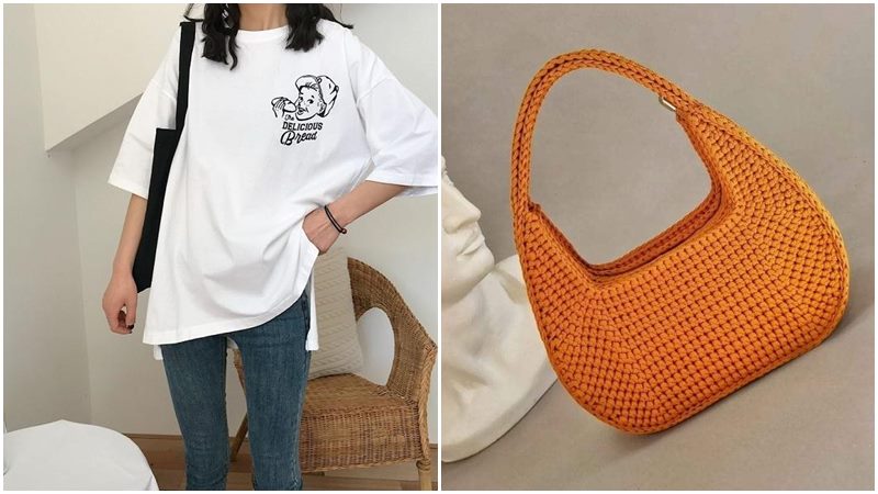 Túi len với áo thun oversized và quần skinny 