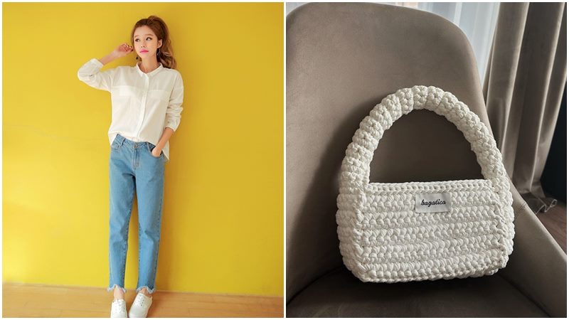 Túi len với áo sơ mi và quần jeans