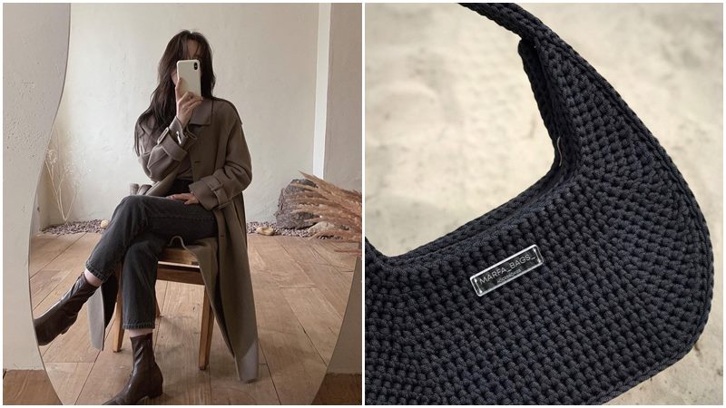 Túi len với áo trench coat và giày boots