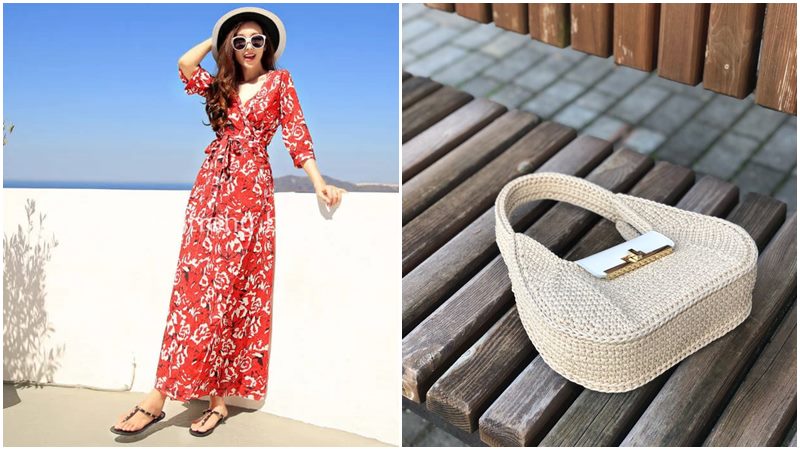 Túi len với đầm maxi và sandal