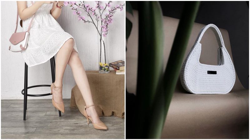 Túi len với váy đầm và giày cao gót