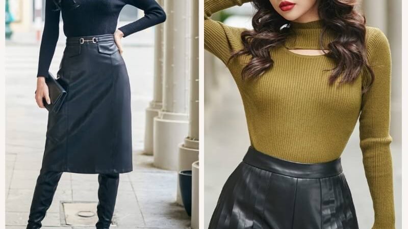 Áo thun ôm body + Chân váy da