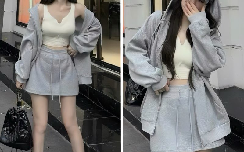 Áo khoác nỉ + Chân váy chữ A