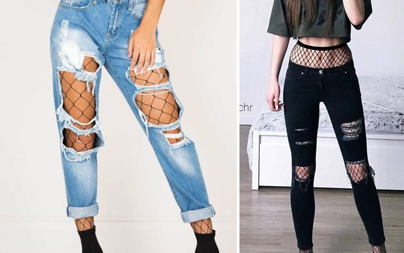 Phối đồ với tất lưới đen và jeans rách