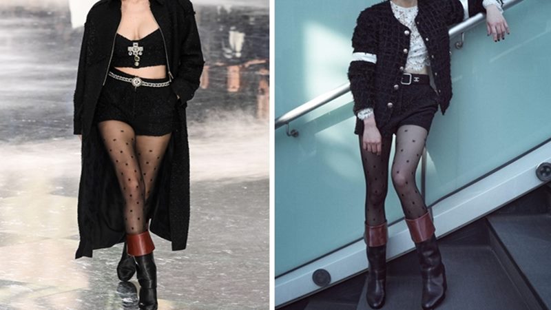 Khoe chân dài với tất da đen và quần shorts