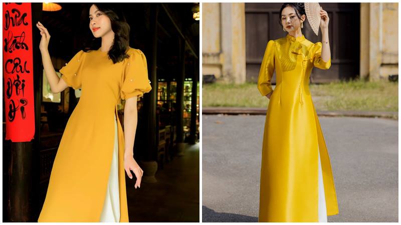 Áo dài màu vàng kiểu cách tân