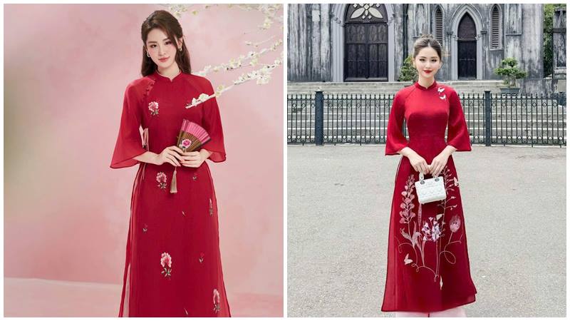 Áo dài màu đỏ kiểu cách tân