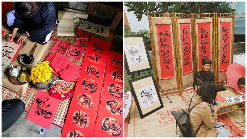 Câu đối đỏ thắp sáng không gian Tết.