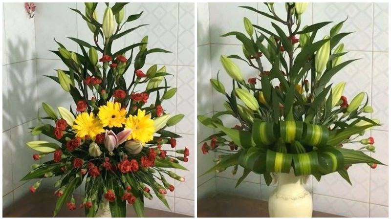 Chưng bình hoa ly ngày Tết đẹp mắt với hoa cẩm chướng
