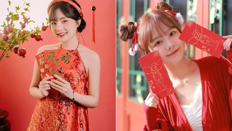 Tạo dáng chụp ảnh Tết với bao lì xì
