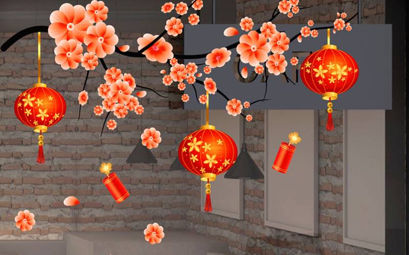 Trang trí cho cửa hàng với decal trang trí Tết