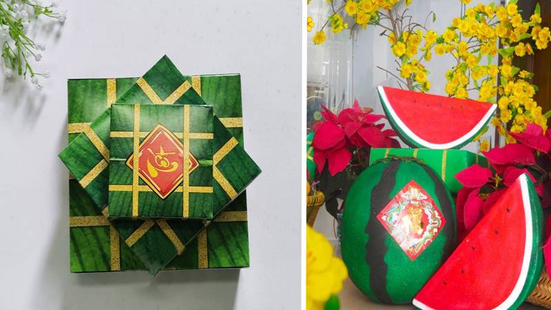 Trang trí cho cửa hàng Tết với các mô hình bánh chưng, dưa hấu,...