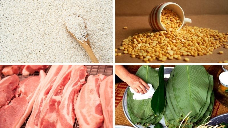 Nguyên liệu để gói bánh tét ngày Tết bằng lá dong