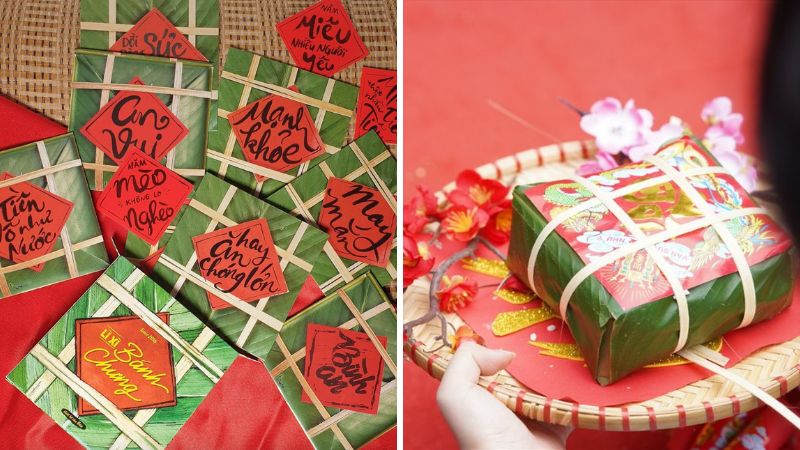 Trang trí mẹt bánh chưng với giấy đỏ