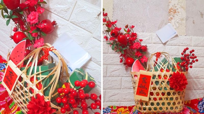 Trang trí bánh chưng tết với giỏ mây tre