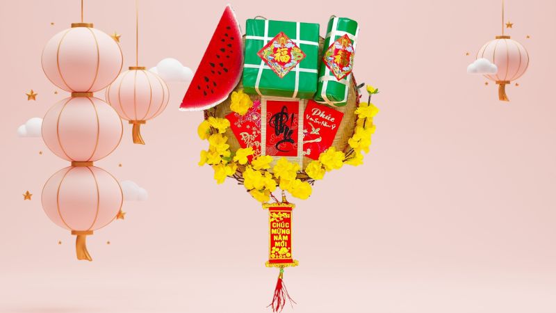 Trang trí mâm bánh chưng với câu đối tết