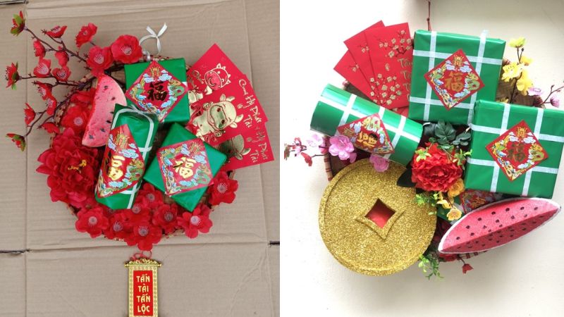 Mẹt trang trí Tết với bánh tét