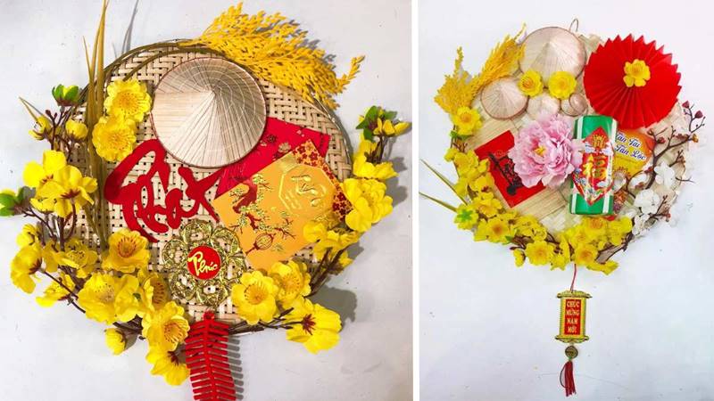 Mẹt trang trí Tết với nón lá