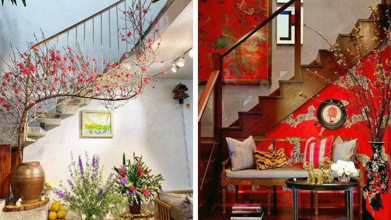 Trang trí cầu thang ngày Tết với chậu mai hoặc quất Trang trí cầu thang ngày Tết với chậu mai hoặc quất