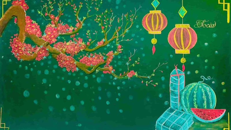 Mẫu trang trí bảng Tết bằng hình hoa đào