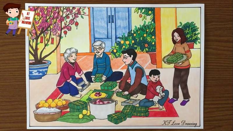 Vẽ tranh ngày Tết gói bánh chưng Vẽ tranh ngày Tết gói bánh chưng