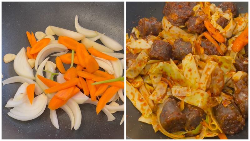 Làm dồi huyết xào cay