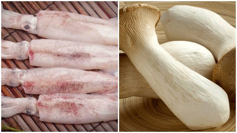 Nguyên liệu làm món mực xào nấm đùi gà