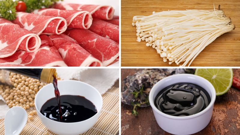 Nguyên liệu làm bò cuộn nấm kim châm nướng giấy bạc Nguyên liệu làm bò cuộn nấm kim châm nướng giấy bạc