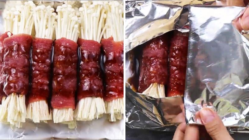 Nướng bò cuộn nấm kim châm Nướng bò cuộn nấm kim châm