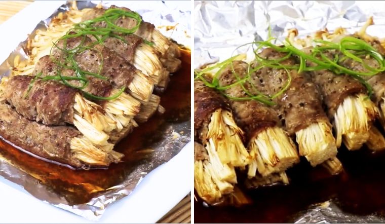 Tự làm bò cuộn nấm kim châm nướng giấy bạc cực dễ tại nhà