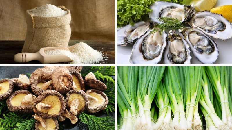 Nguyên liệu làm món cháo hàu nấm đông cô