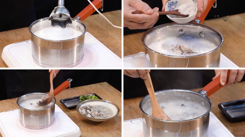 Nấu cháo hàu nấm đông cô
