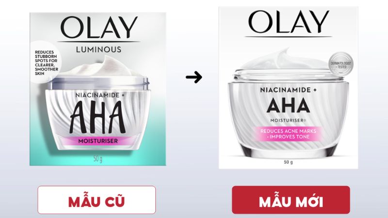Về bao bì, thiết kế của kem dưỡng Olay Niacinamide + AHA tái tạo & ngừa lão hóa