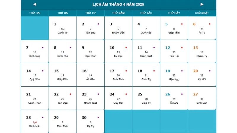 Lịch vạn niên tháng 4 năm 2025 Lịch vạn niên tháng 4 năm 2025