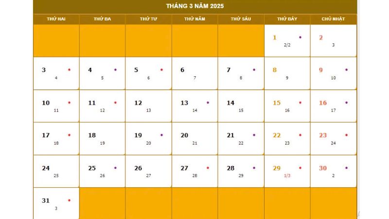 Âm lịch tháng 3/2025 bắt đầu từ ngày 1/3/2025 Âm lịch tháng 3/2025 bắt đầu từ ngày 1/3/2025