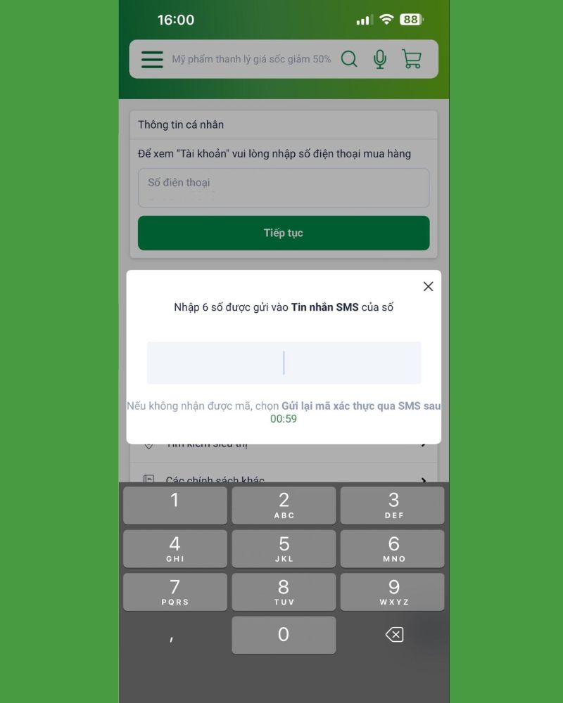 Nhập 6 số nhận được từ SMS