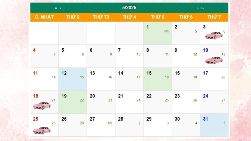 Xem ngày tốt mua xe tháng 5 năm 2025 Xem ngày tốt mua xe tháng 5 năm 2025