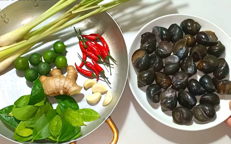 Nguyên liệu làm món ốc bươu hấp sả